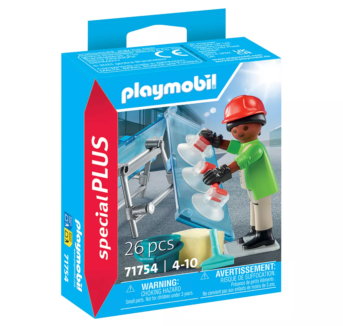 Special Plus | Glazier PLAYMOBIL set with figure, glass panes, suction handles, and window cleaning accessories.