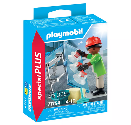 Special Plus | Glazier PLAYMOBIL set with figure, glass panes, suction handles, and window cleaning accessories.
