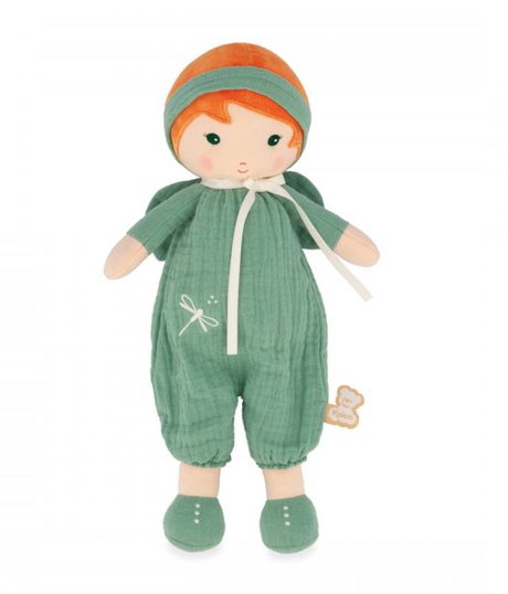 Tendresse | Olivia fabric doll in green dungarees with headband and dragonfly embroidery, perfect for babies from birth.