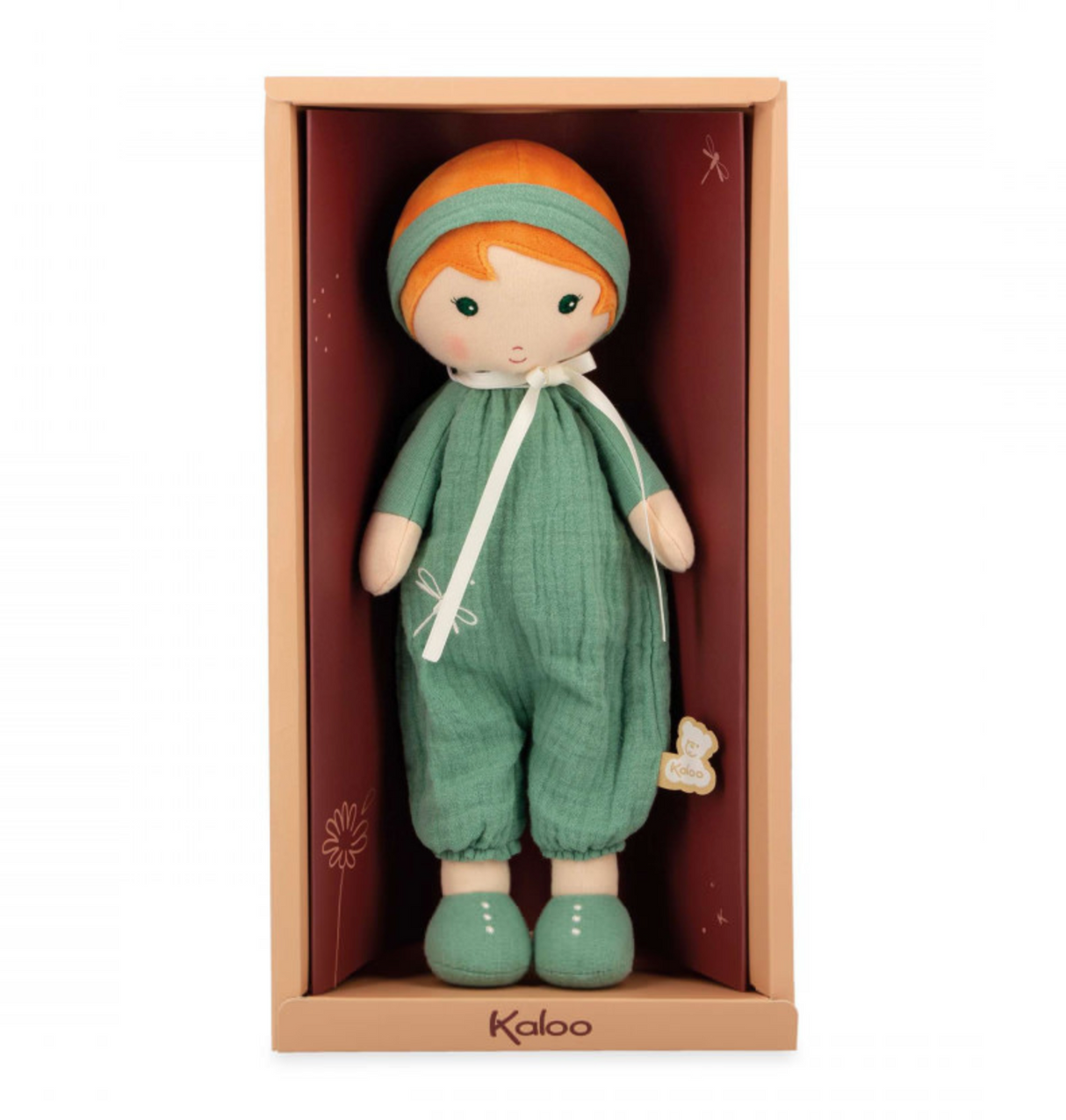 Tendresse | Olivia fabric doll in green dungarees with headband, perfect for cuddling and baby gifts.