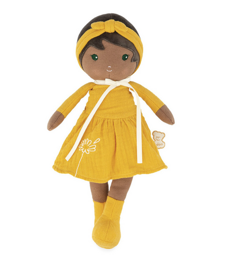 Tendresse | Naomi doll in yellow cotton muslin dress with daisy embroidery and matching headband and boots.