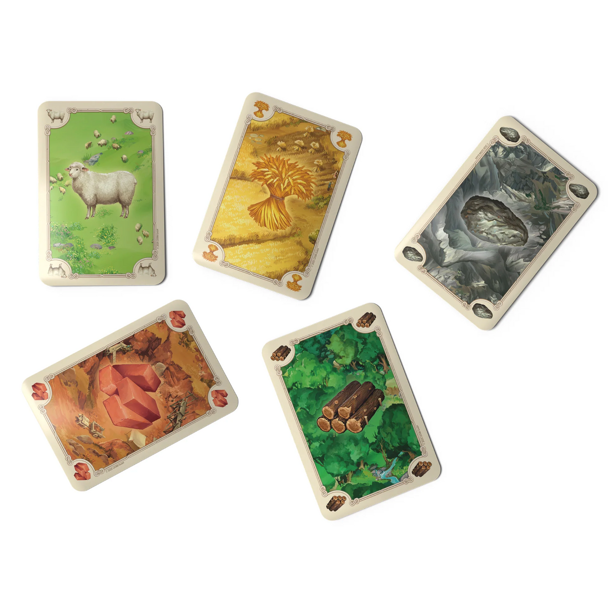 Catan 6th Edition resource cards featuring sheep, wheat, ore, brick, and wood for building settlements and roads.