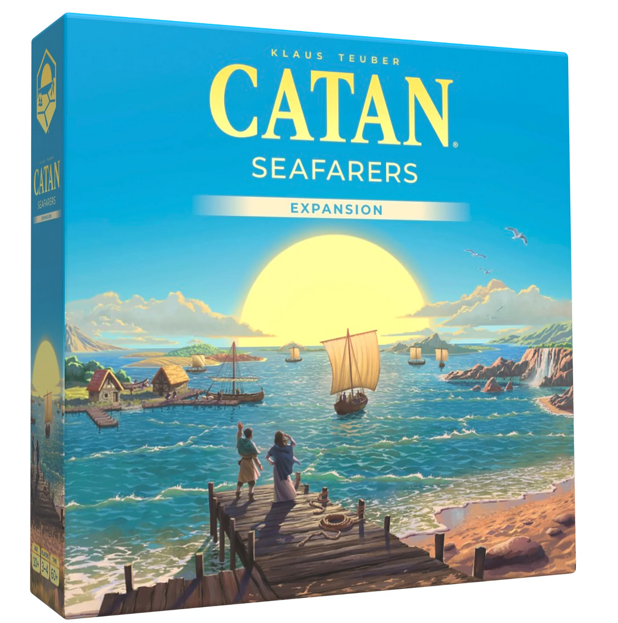 Catan Seafarers Expansion 6th Edition box showing ships sailing from a dock into a bright sunset over an island-filled sea.