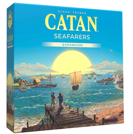 Catan Seafarers Expansion 6th Edition box showing ships sailing from a dock into a bright sunset over an island-filled sea.