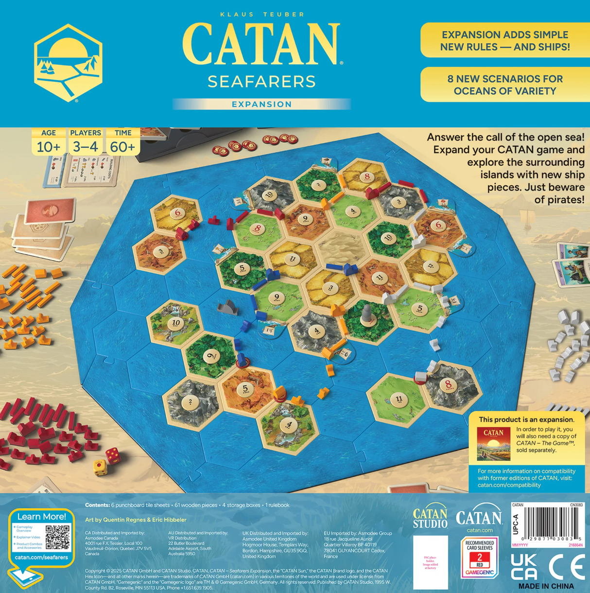 Catan Seafarers Expansion 6th Edition board game with hex tiles, wooden ships, and game pieces on a table for 3-4 players ages 10+.