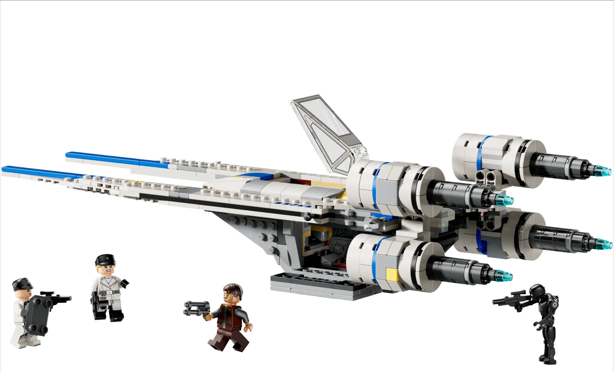 Star Wars Rebel U-Wing Starfighter LEGO set with swing-wing, shooters, minifigures Cassian Andor, Dedra Meero, ISB agent, and K-2SO.