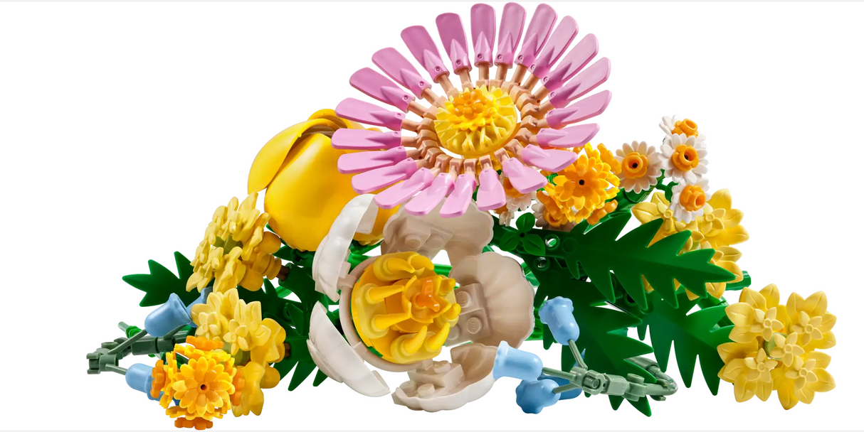 Botanicals Petite Sunny Bouquet featuring pastel LEGO spring flowers including tulip, peony, gerbera, and bluebells.