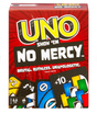 UNO Show 'Em No Mercy card game box featuring bold text and action cards with tough penalties like draw 10 cards.