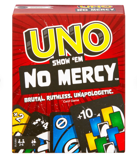 UNO Show 'Em No Mercy card game box featuring bold text and action cards with tough penalties like draw 10 cards.