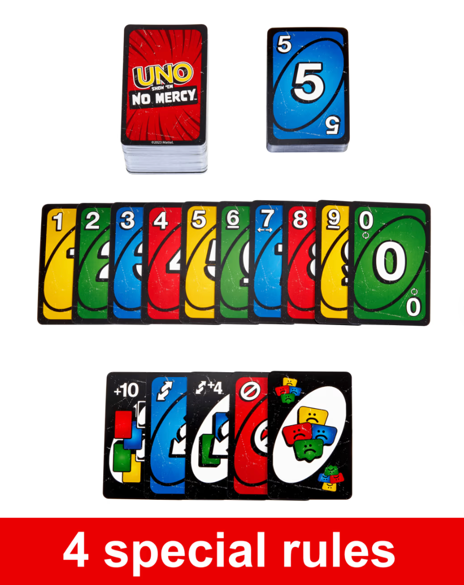 UNO Show 'Em No Mercy game cards displayed including numbers, action cards, and special rule cards on white background.