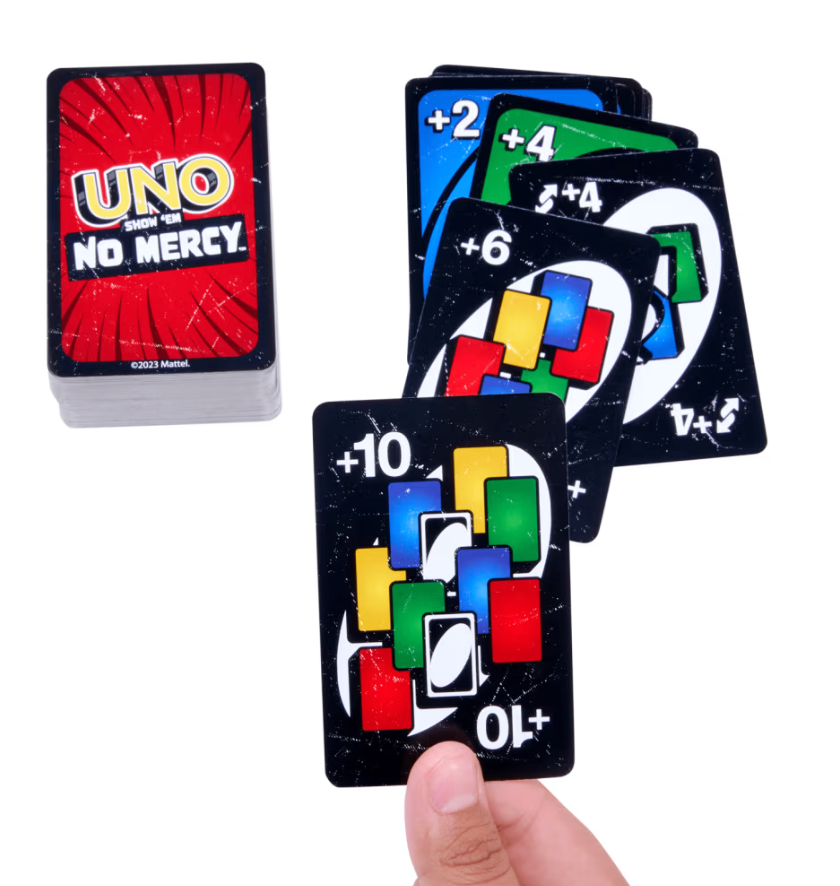 UNO Show 'Em No Mercy card game featuring brutal penalty cards including draw 10, draw 6, draw 4, and draw 2 cards.