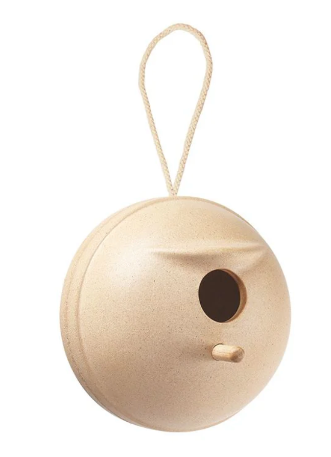 Bird House 1 beige minimalist round birdhouse with hanging rope for cozy garden decoration and easy cleaning.