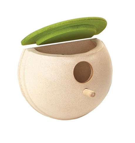 Bird House 2 with minimalist design, easy to clean and install, featuring a green lid and round beige nest.