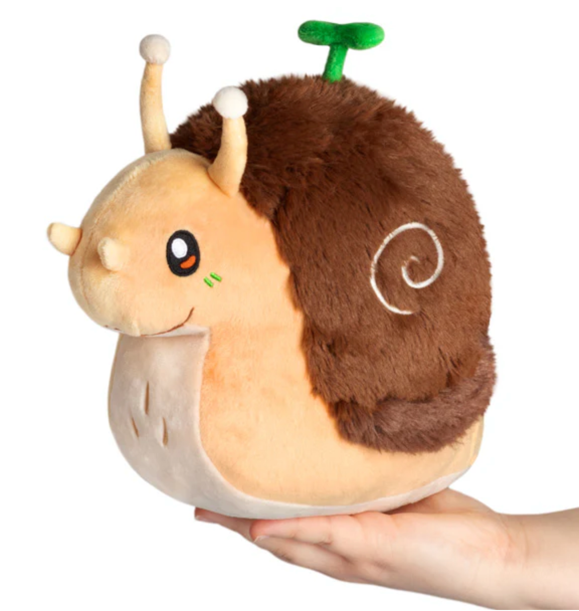 Garden Snail Mini plush toy held in hand showing soft brown shell and friendly snail face with cute green sprout.