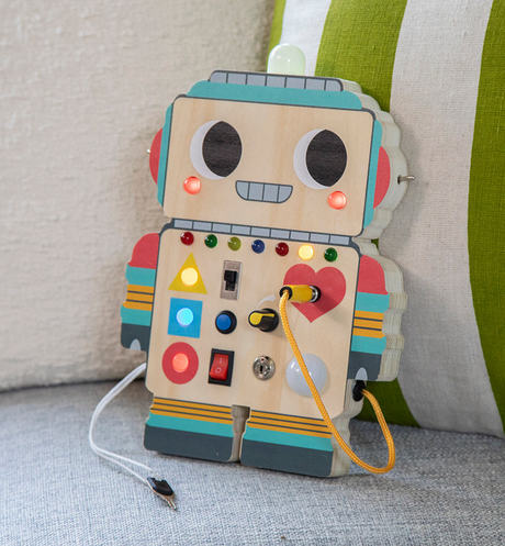 Blinkity Bot wooden switchboard toy with lights, buttons, and switches for toddler learning and play.