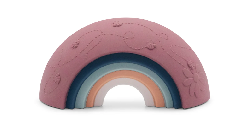 Over the Rainbow | Earth garden-themed silicone stacking rainbow arches with textured floral and insect patterns.