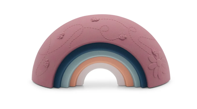Over the Rainbow | Earth garden-themed silicone stacking rainbow arches with textured floral and insect patterns.