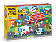 48pc Rescue Vehicles Giant Floor Puzzle featuring colorful emergency vehicles and animals in a lively town scene.