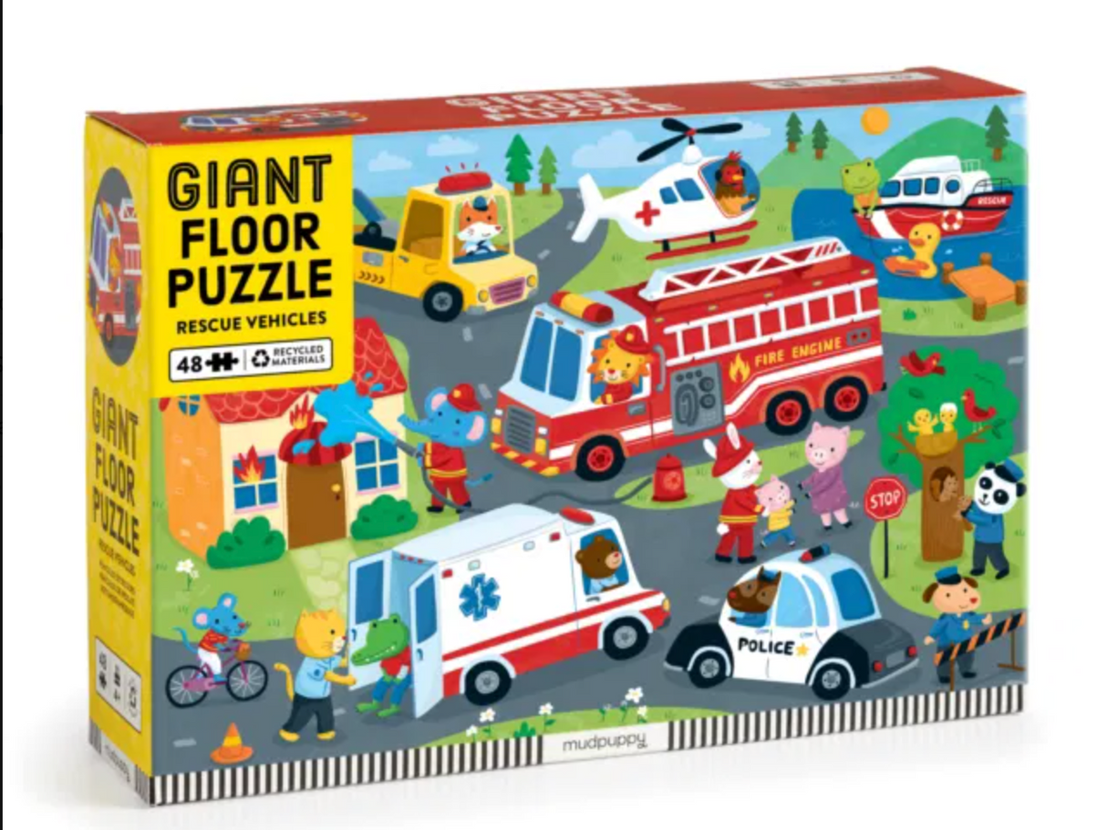 48pc Rescue Vehicles Giant Floor Puzzle featuring colorful emergency vehicles and animals in a lively town scene.