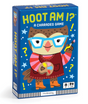 Hoot Am I? A Charades Game box featuring a colorful owl artist with blue glasses and paint palette on a blue background.