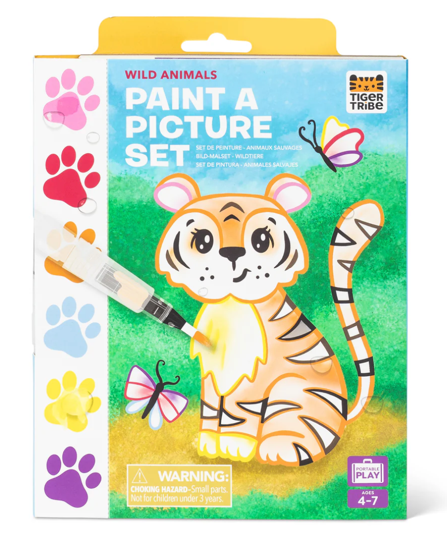 Paint a Picture Set | Wild Animals with tiger design, watercolor palette, and water brush for kids ages 4-7.