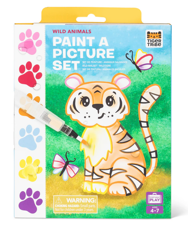 Paint a Picture Set | Wild Animals with tiger design, watercolor palette, and water brush for kids ages 4-7.