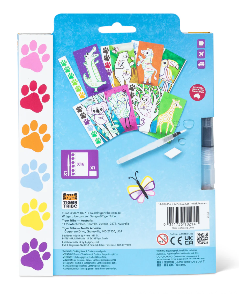 Paint a Picture Set | Wild Animals featuring 16 wild animal cards with watercolor palettes and included brush and sponge tool.