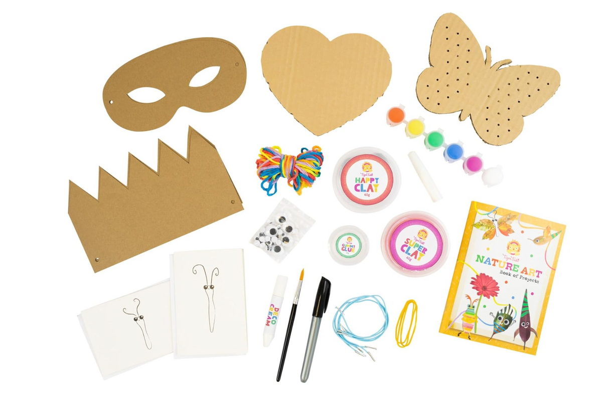 Nature Art Set with clay pots, paints, brushes, mask and crown cutouts, googly eyes, yarn, and activity book for creative projects.