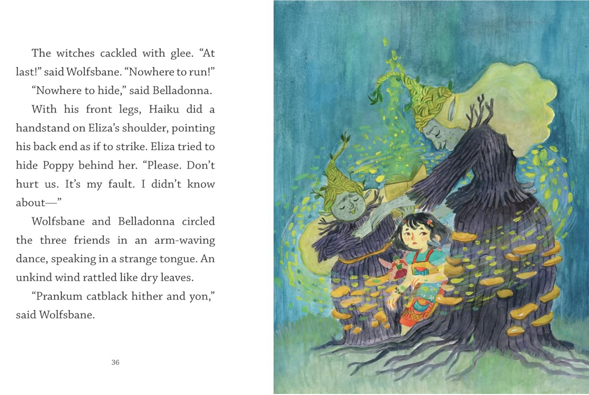Fairy Door Diaries: Eliza and the Flower Fairies shows Eliza hiding behind a tree with witches Wolvesbane and Belladonna nearby.