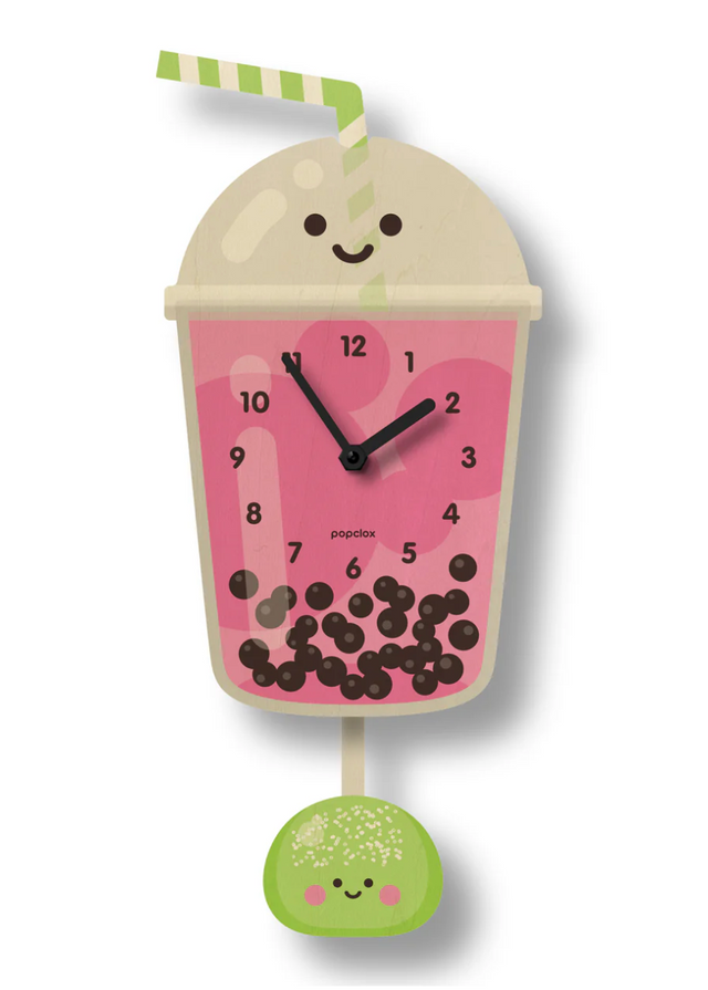 Wood Pendulum Clock | Bubble Tea with cute smiling mochi pendulum and pink boba milk tea design in wood finish.