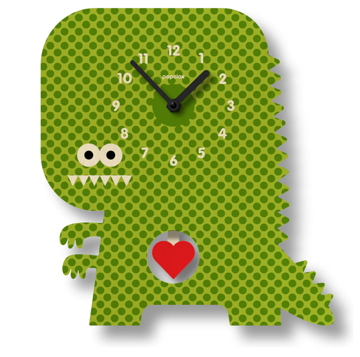 Wood Pendulum Clock | Clockzilla featuring a green dinosaur design with a swinging red heart pendulum.