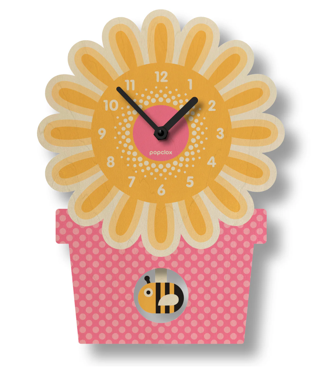 Wood Pendulum Clock Pink Flowerpot with sunflower design and swinging bee pendulum in pink flowerpot shape.