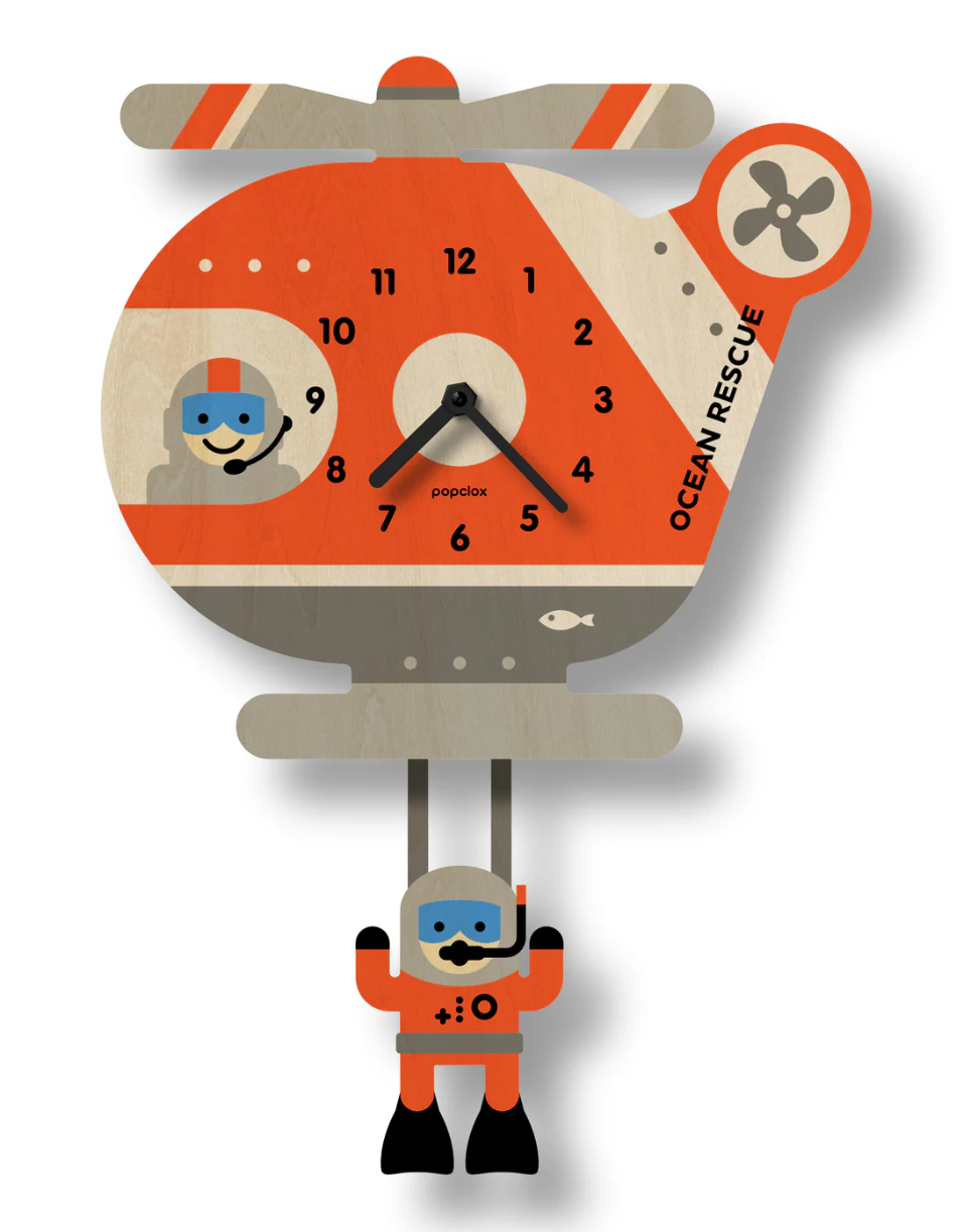 Wood Pendulum Clock | Helicopter with orange ocean rescue design and swinging diver pendulum for kids' room decor.