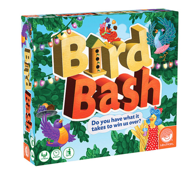 Bird Bash board game box with colorful birds and trees, featuring playful artwork for family and kids' game night.