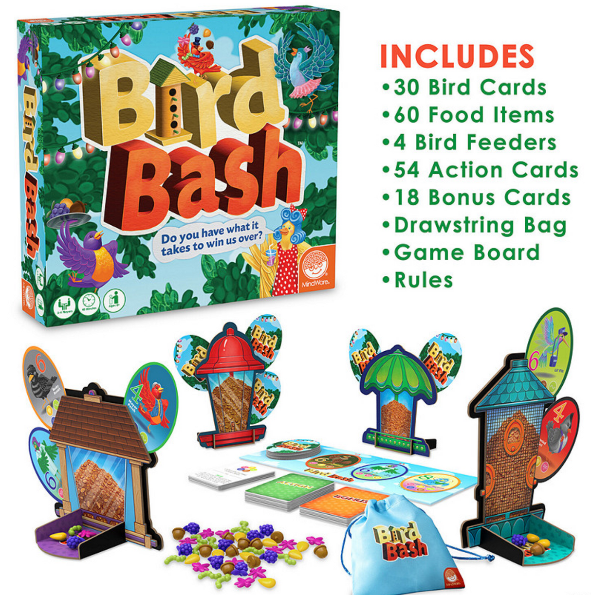 Bird Bash board game box and pieces including bird cards, feeders, food items, action cards, and game board for family play.