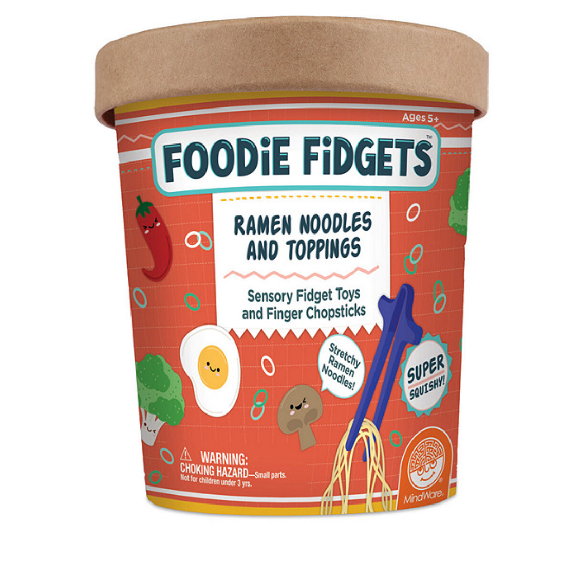 Foodie Fidgets Ramen Noodles sensory squishy toy cup with stretchy noodles, chopsticks, and cute toppings for stress relief.