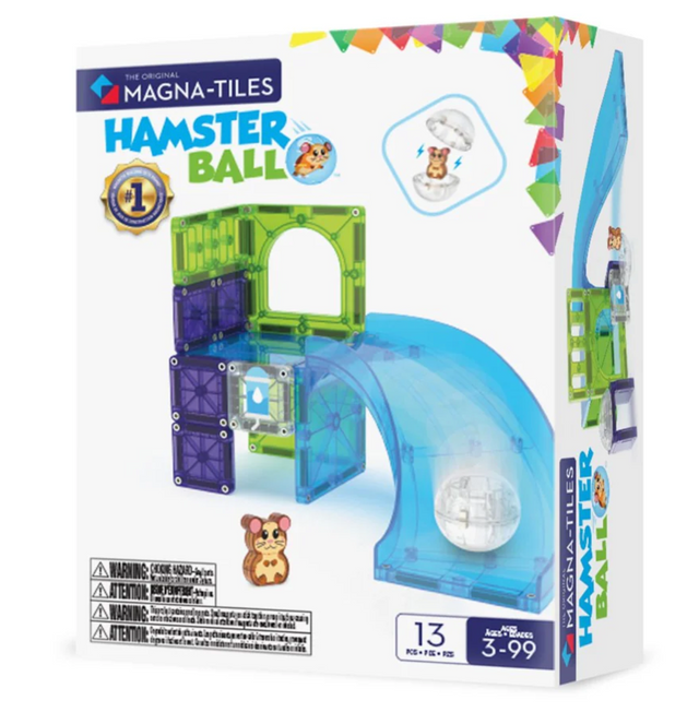 Magnatiles Hamster Ball 13pc with colorful magnetic tiles, slide attachment, and rolling hamster ball for creative play.