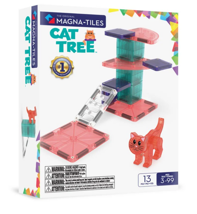 Magnatiles Cat Tree 13pc set with colorful magnetic tiles and a cat figure for creative, hands-on play.