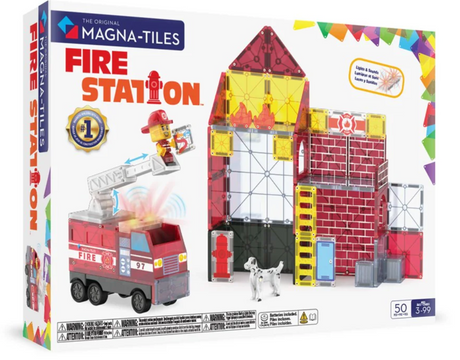 Magnatiles Fire Station 50pc with modular fire truck, light & sound tile, firefighter figure, and magnetic Dalmatian.
