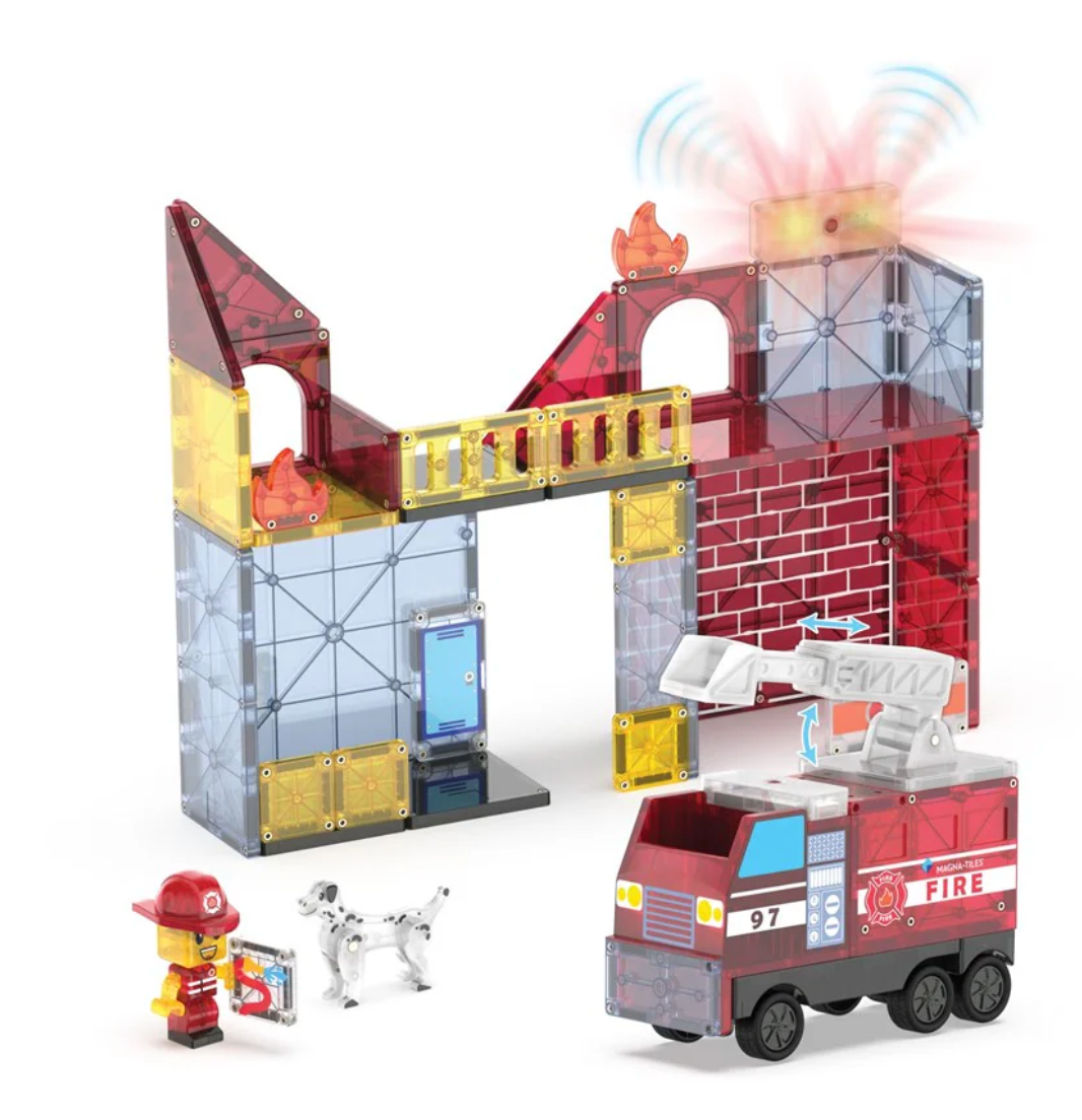 Magnatiles Fire Station 50pc set with modular fire truck, extendable ladder, firefighter figure, magnetic Dalmatian, and light & sound tile.