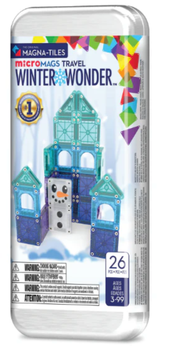 Magnatiles Micromags Travel Winter Wonder set with 26 pieces to build icy castles and snowy scenes for ages 3 to 99.
