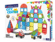 Magnatiles City Center 110pc set with colorful magnetic buildings, vehicles, and road pieces for creative city building.