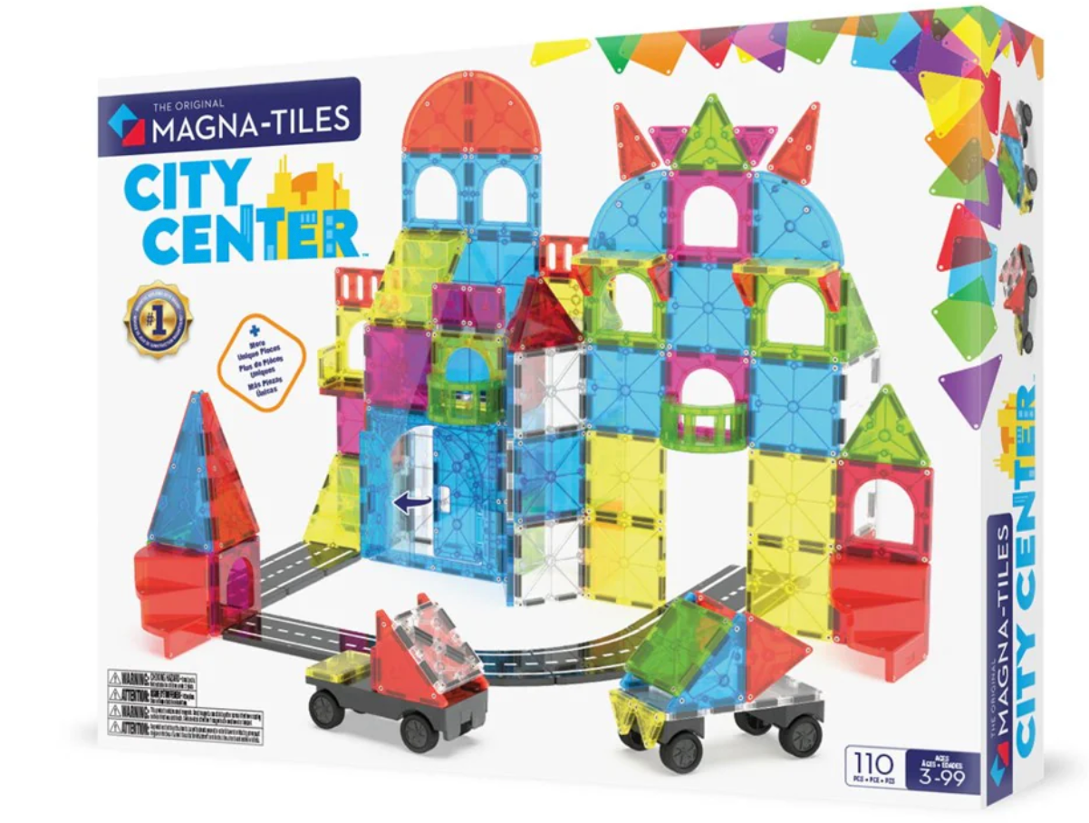 Magnatiles City Center 110pc set with colorful magnetic buildings, vehicles, and road pieces for creative city building.