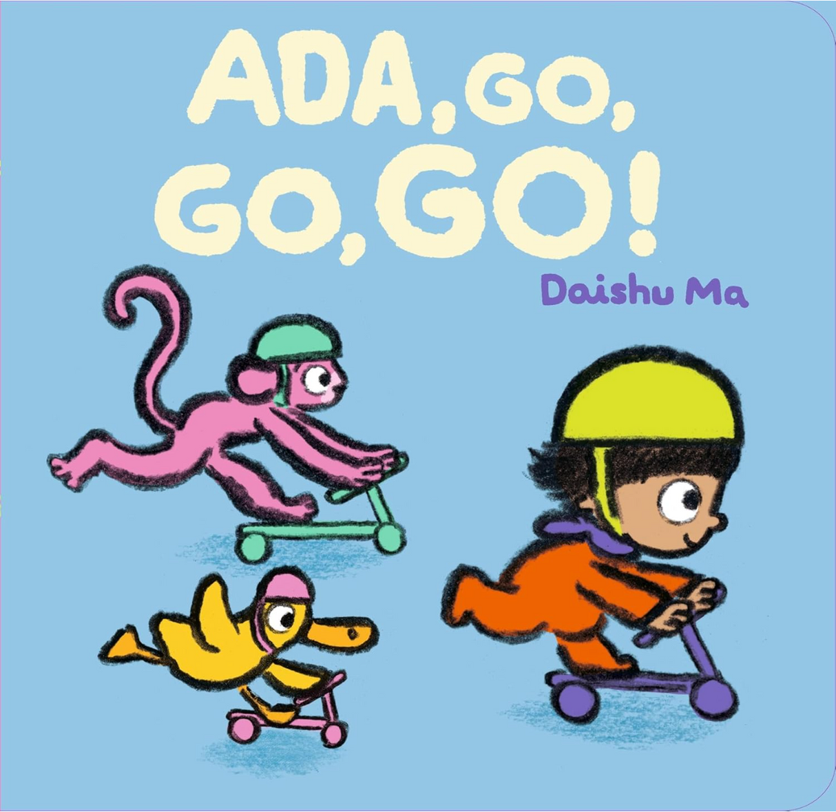 Ada, Go, Go, Go! board book cover showing a child and animals racing on scooters with bright, playful illustrations.
