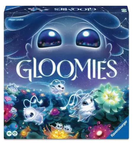 Gloomies board game box showing cute alien creatures and glowing galactic flowers in a magical night setting.