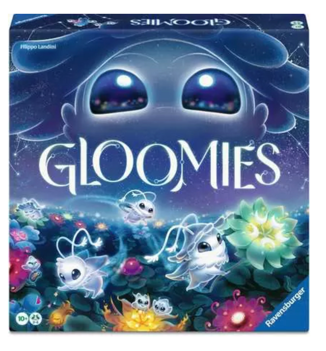 Gloomies board game box showing cute alien creatures and glowing galactic flowers in a magical night setting.