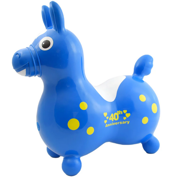 Rody | Blue 40th Anniversary inflatable blue toy horse with yellow dots celebrating 40th anniversary edition.