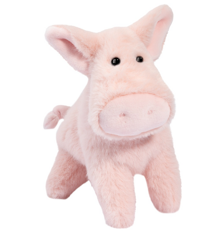 Soft and cuddly pink pig plush toy named Muzzles Super | Pig Peter with friendly black eyes and floppy ears.