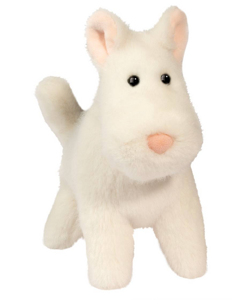 Muzzles | Terrier Janice plush dog toy with soft white fur and black eyes, perfect for dog lovers and decoration.
