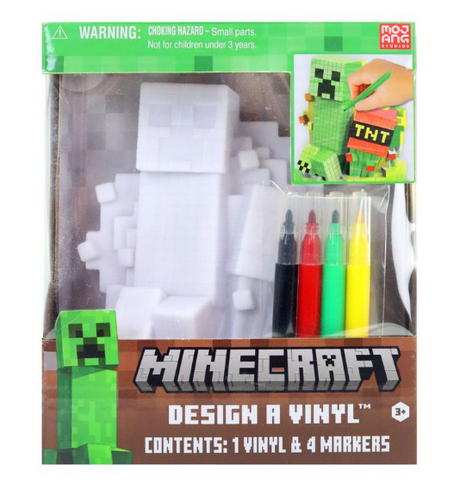 Minecraft Design a Vinyl Kit featuring a blank Creeper vinyl figure and four colorful markers for creative design.